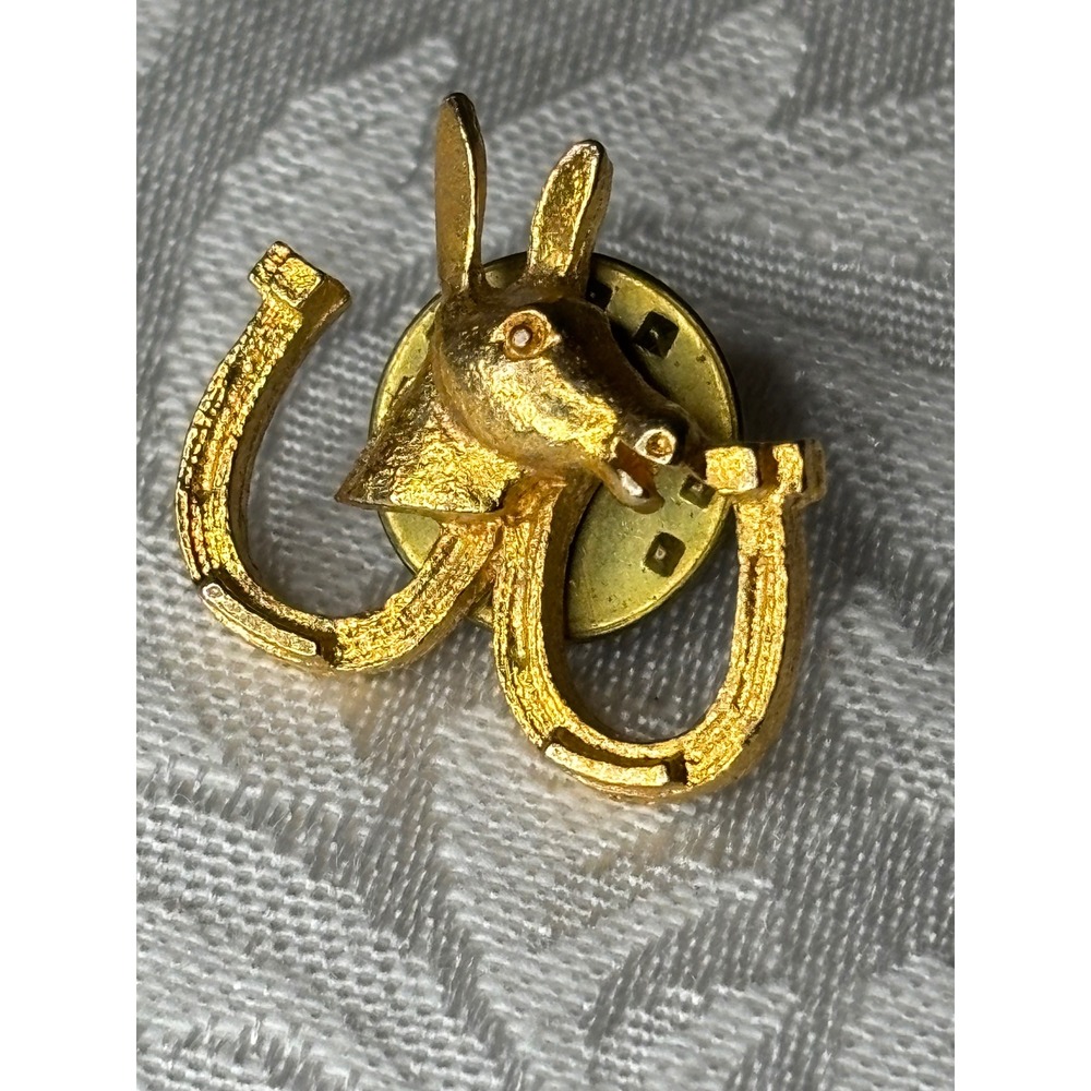 1960s Gold Tone Donkey and Double Horseshoe Lapel Pin Western Animal political
